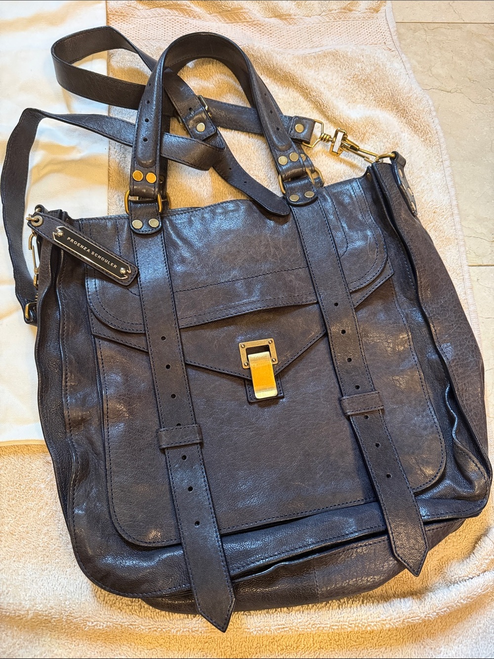 Proenza Schouler Black Leather Messenger Tote with Gold Hardware
